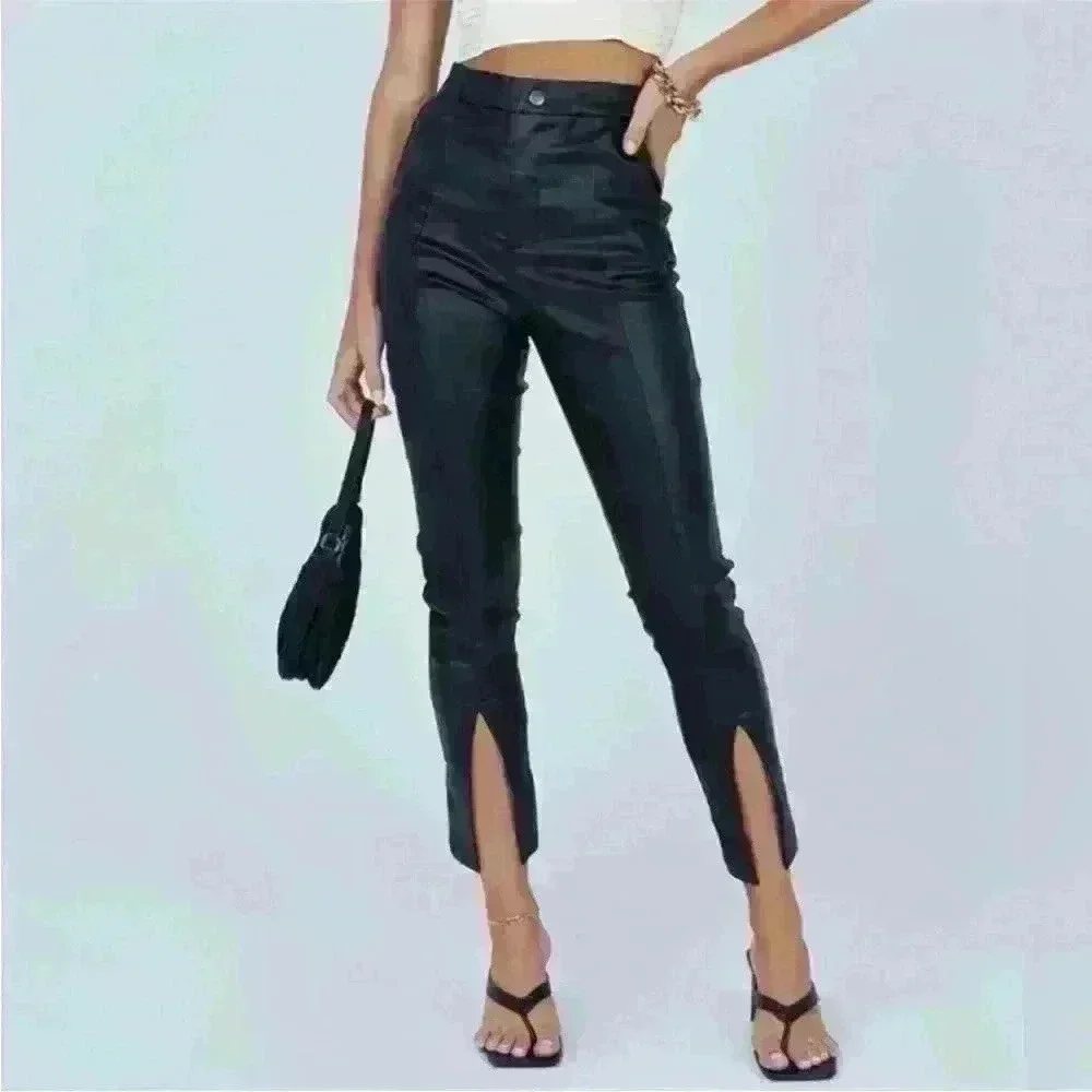 Princess Polly Ryan Pants, Black faux leather style, split hem, Women’s size 10